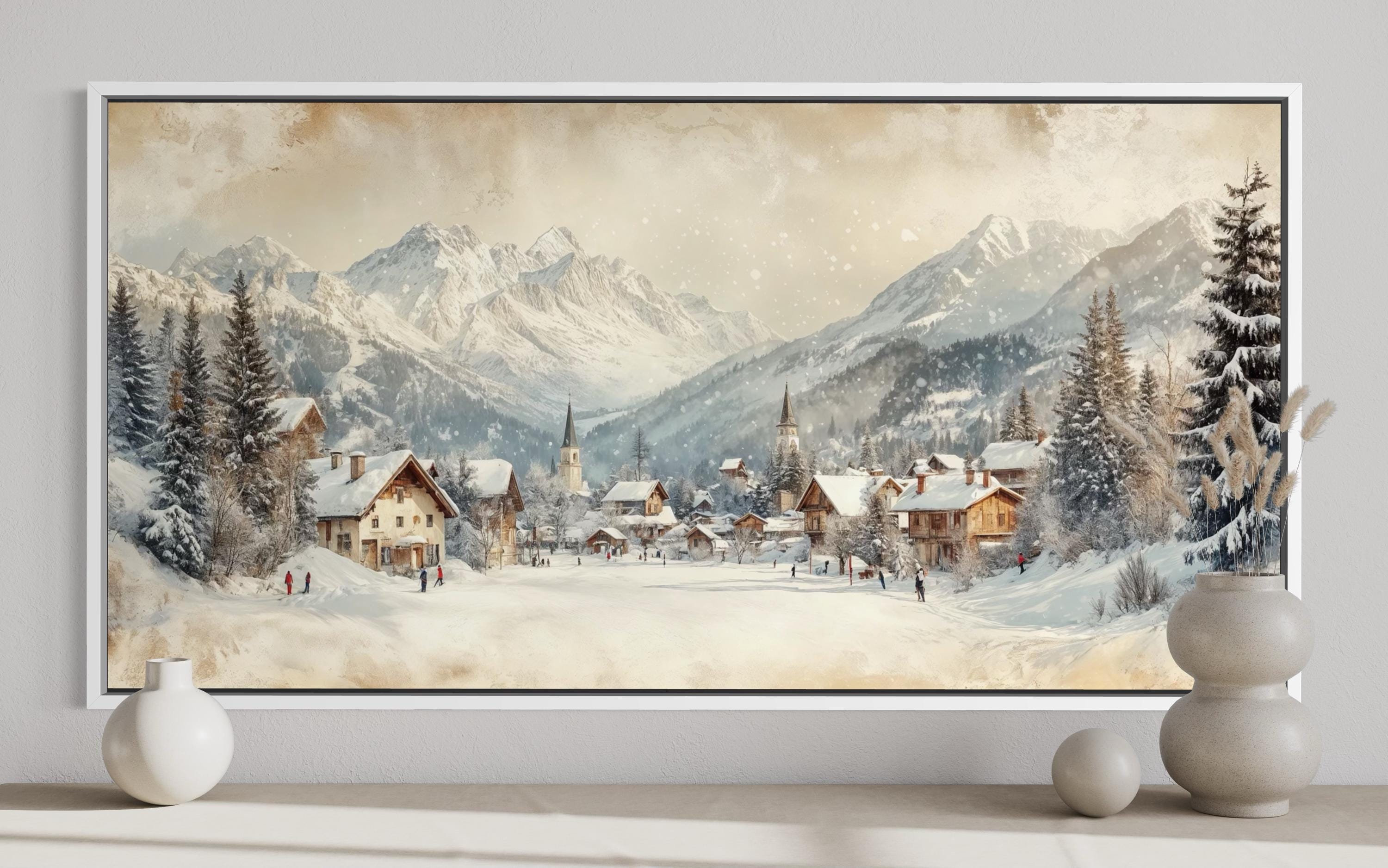 Winter Ski Resort Wall Art – Snowy Mountain Canvas Print with Alpine Village Painting