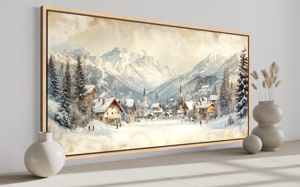 Winter Ski Resort Wall Art – Snowy Mountain Canvas Print with Alpine Village Painting
