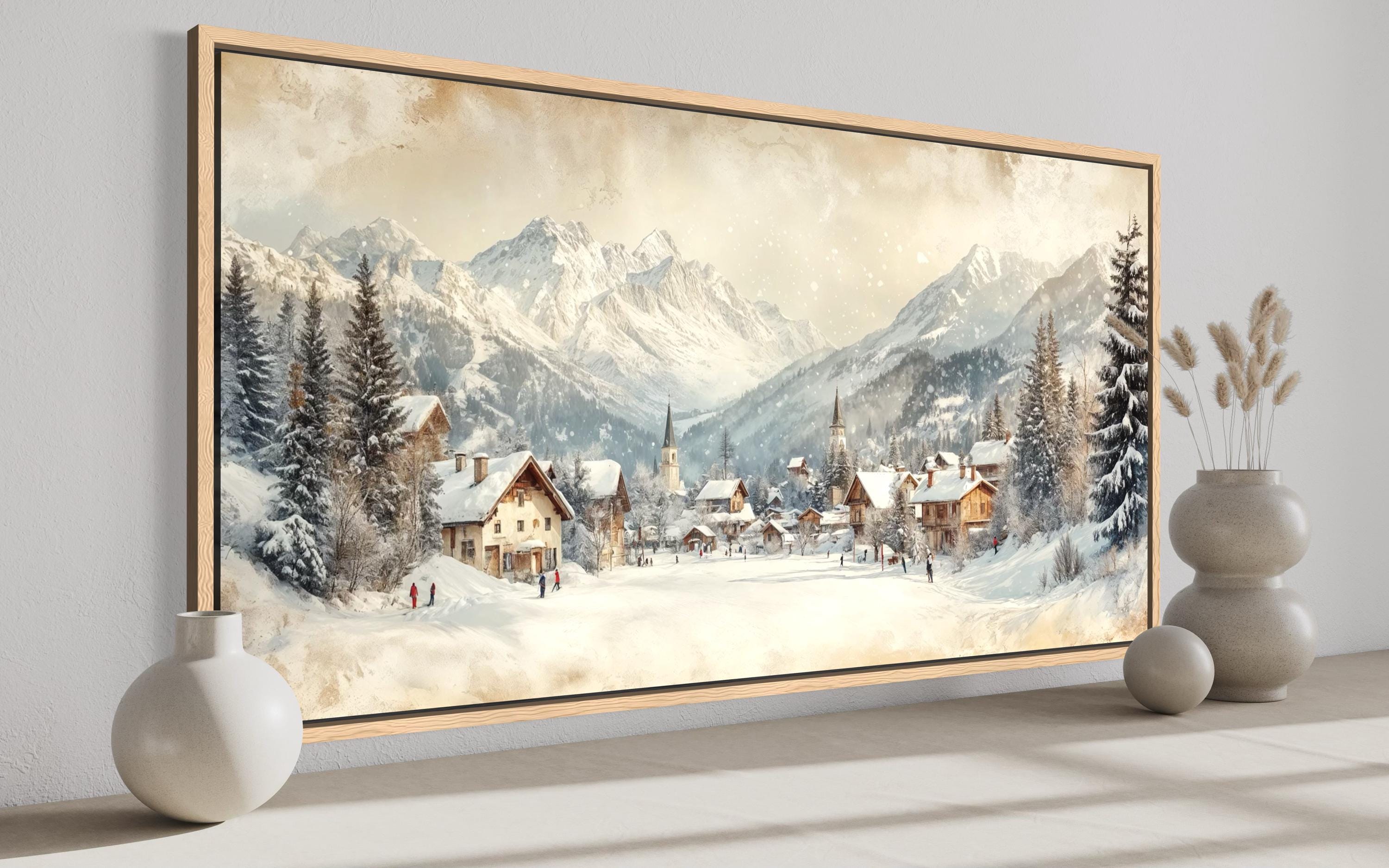 Winter Ski Resort Wall Art – Snowy Mountain Canvas Print with Alpine Village Painting