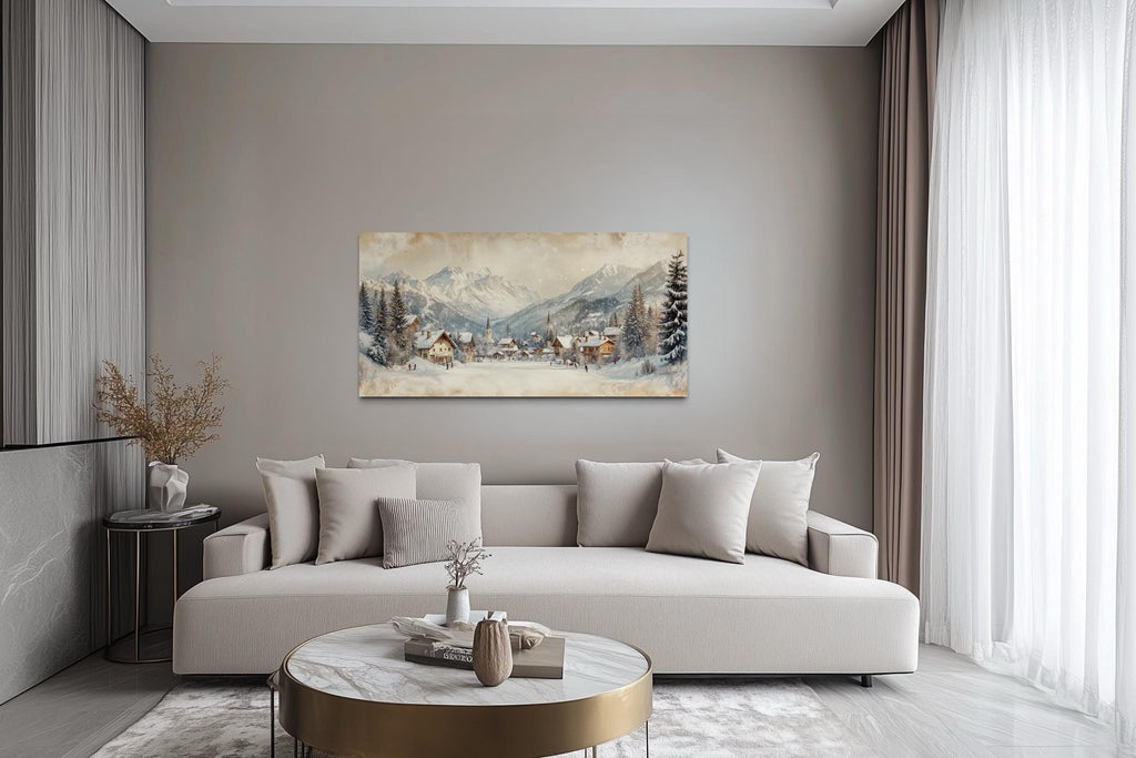 Winter Ski Resort Wall Art – Snowy Mountain Canvas Print with Alpine Village Painting