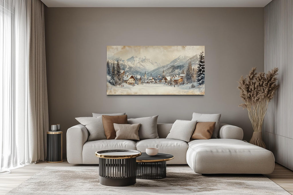 Winter Ski Resort Wall Art – Snowy Mountain Canvas Print with Alpine Village Painting