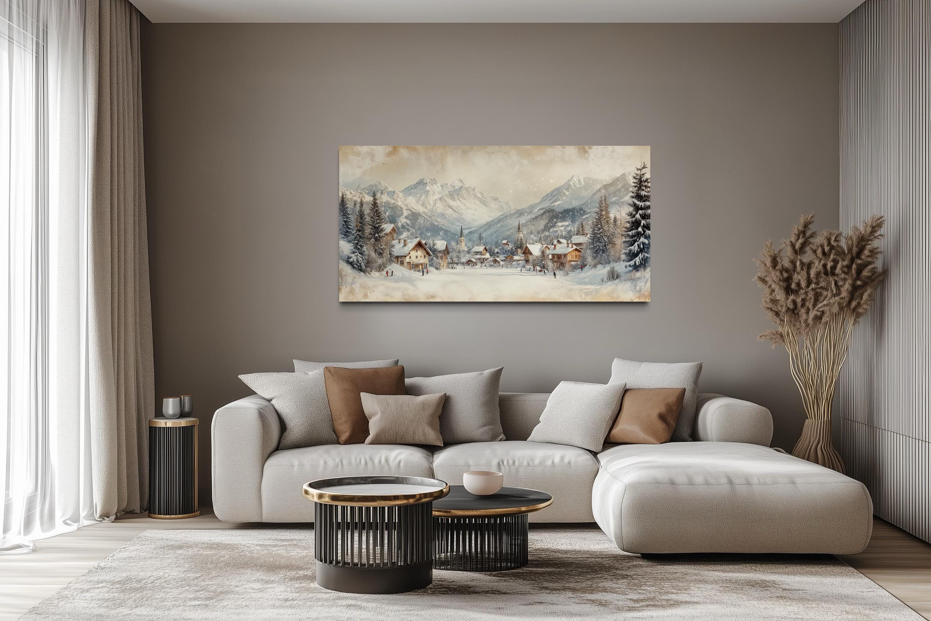 Winter Ski Resort Wall Art – Snowy Mountain Canvas Print with Alpine Village Painting