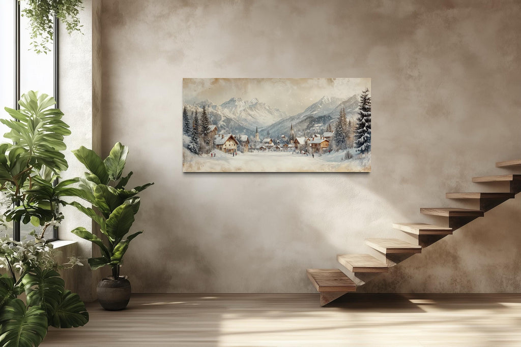 Winter Ski Resort Wall Art – Snowy Mountain Canvas Print with Alpine Village Painting