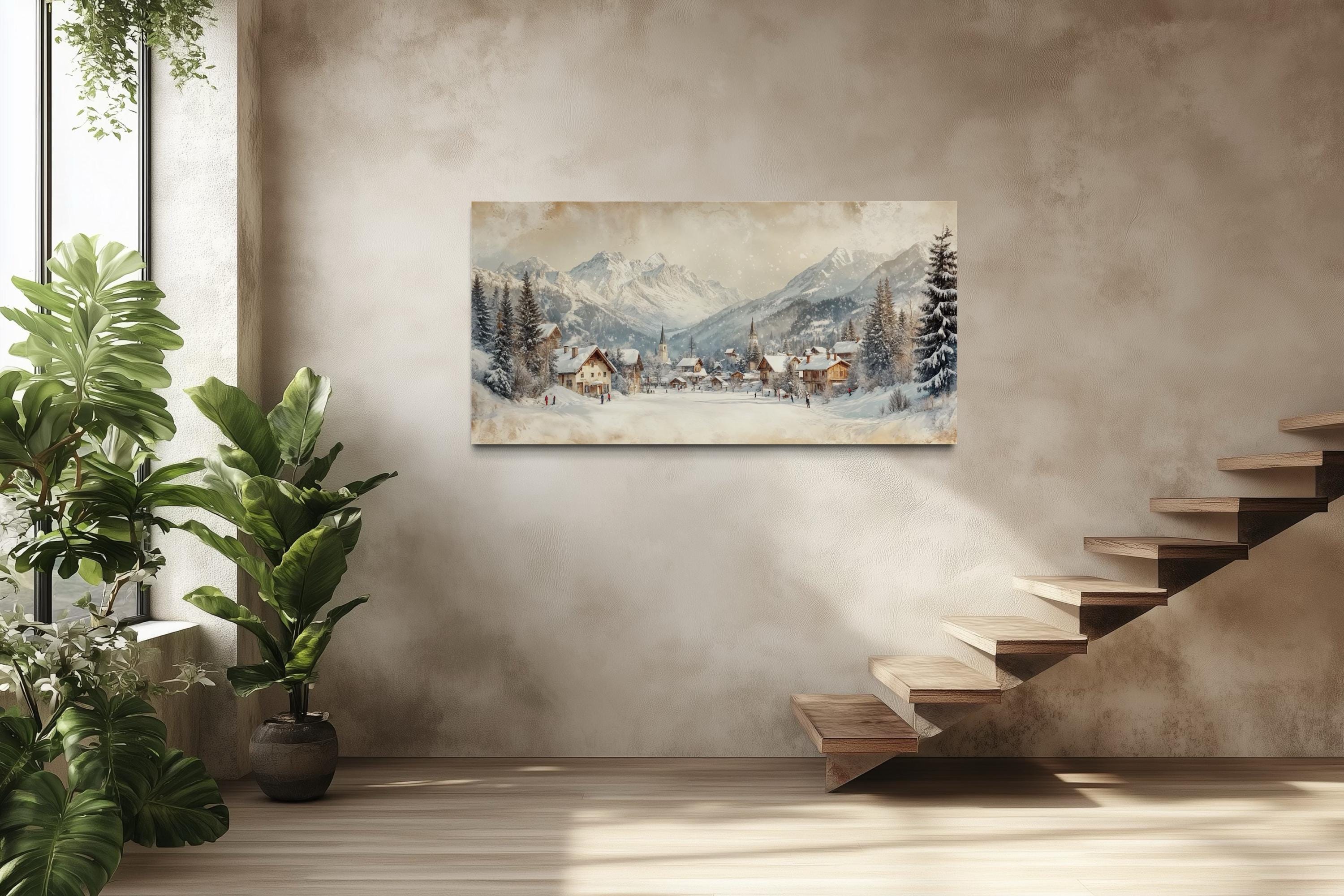 Winter Ski Resort Wall Art – Snowy Mountain Canvas Print with Alpine Village Painting
