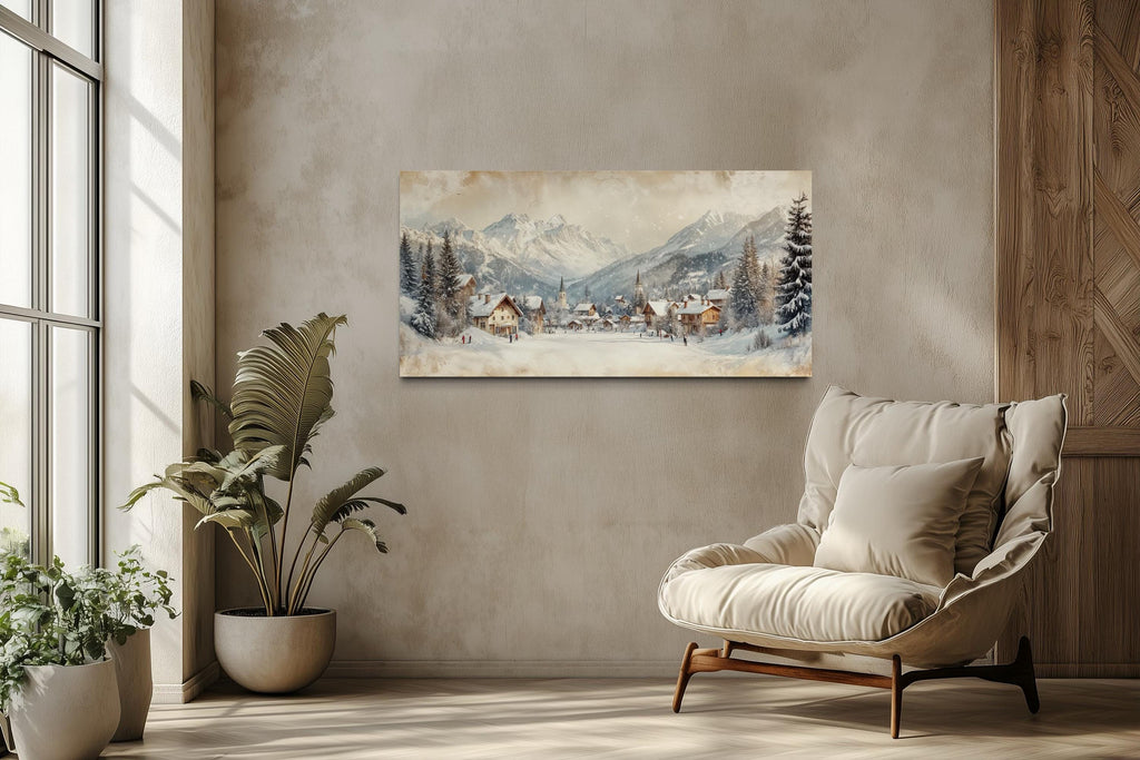 Winter Ski Resort Wall Art – Snowy Mountain Canvas Print with Alpine Village Painting
