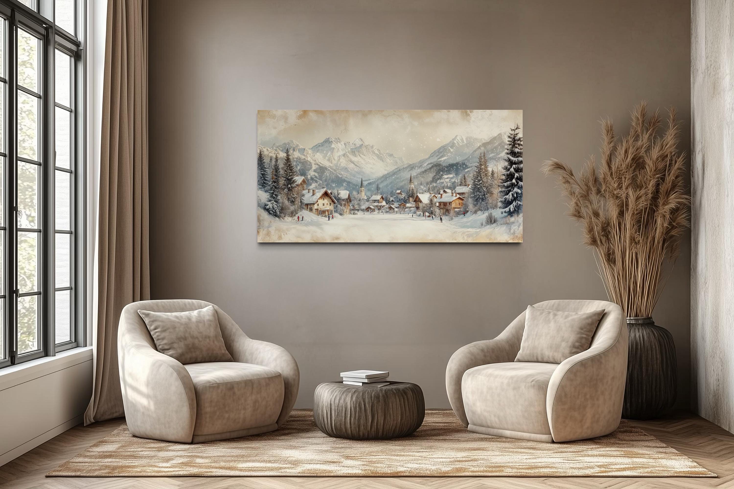Winter Ski Resort Wall Art – Snowy Mountain Canvas Print with Alpine Village Painting