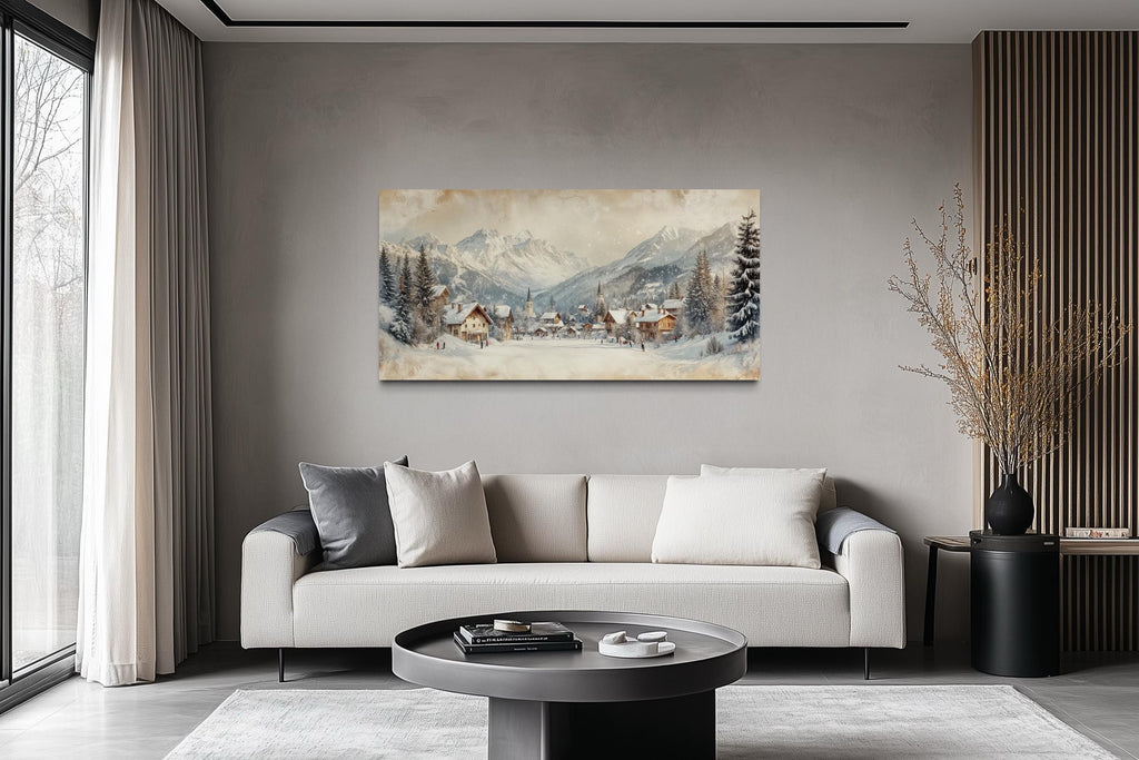Winter Ski Resort Wall Art – Snowy Mountain Canvas Print with Alpine Village Painting