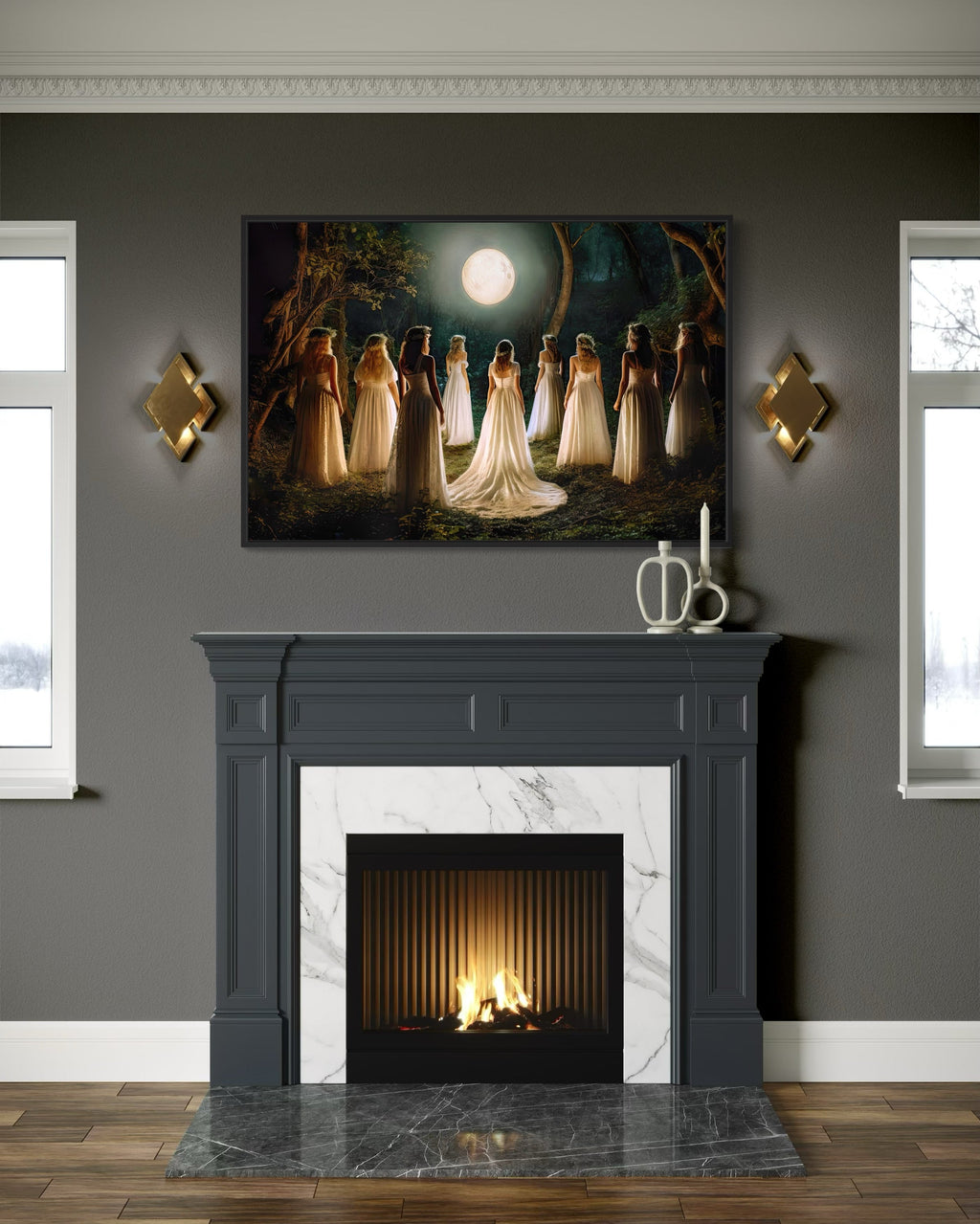 Witches Dancing In Circle In Magical Forest Moon Calling Witch Wall Art