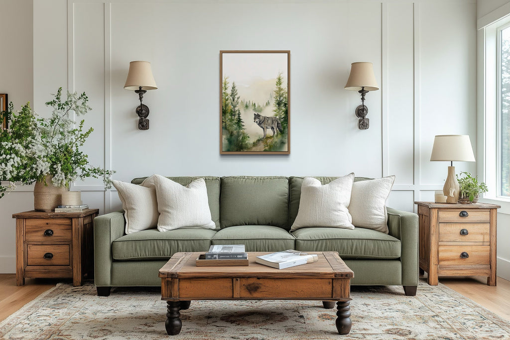 Wolf In The Forest Mountain Landscape Framed Canvas Wall Art