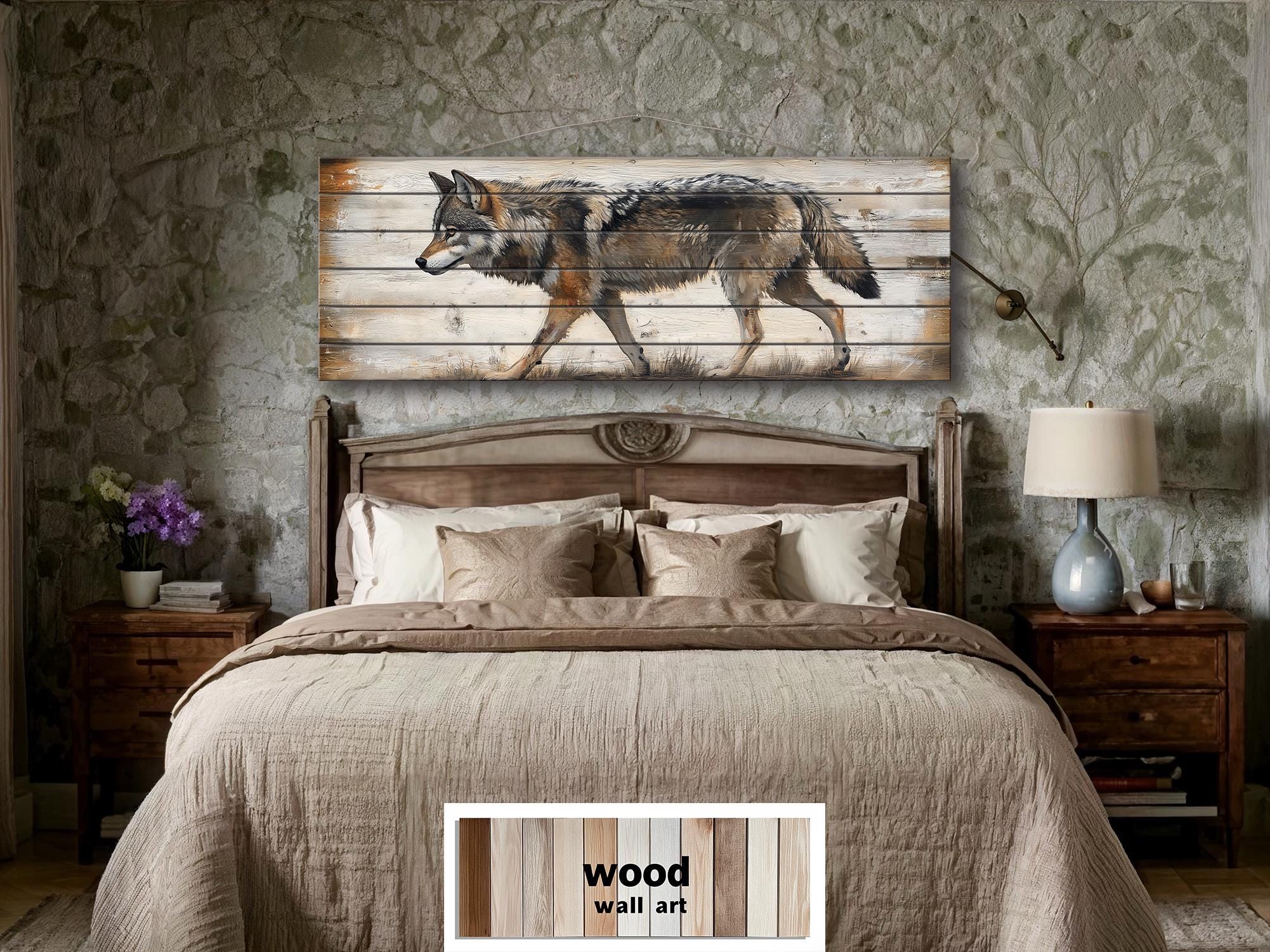 Wolf Long Horizontal Real Wood Wall Art For Cabin Decor