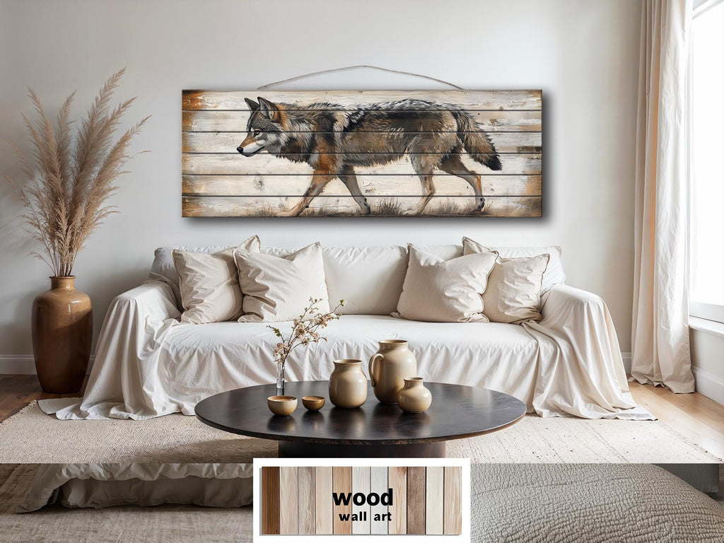 Wolf Long Horizontal Real Wood Wall Art For Cabin Decor