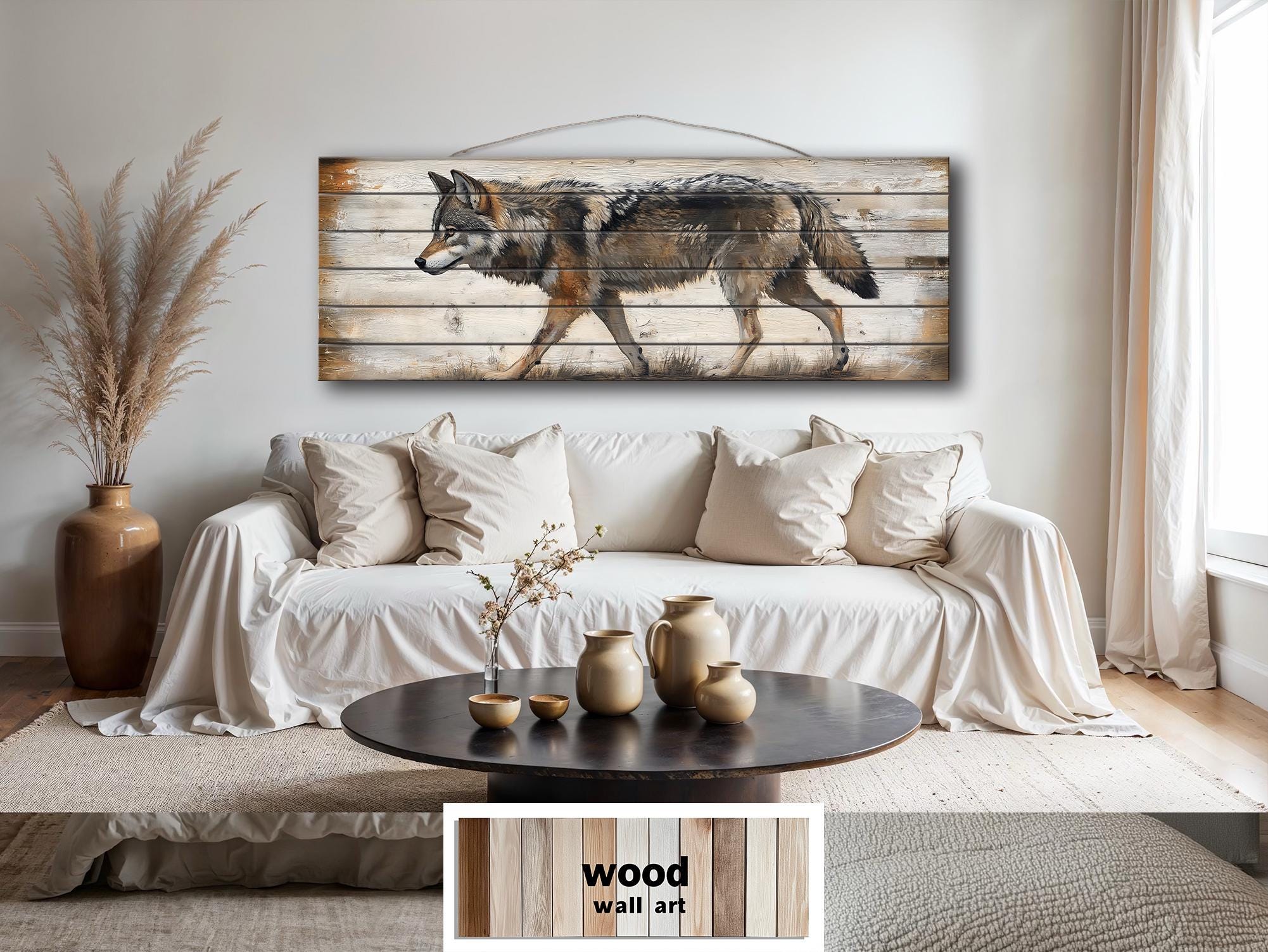 Wolf Long Horizontal Real Wood Wall Art For Cabin Decor