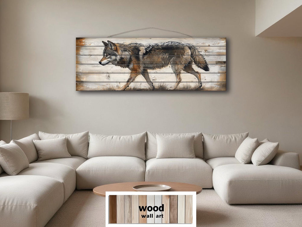 Wolf Long Horizontal Real Wood Wall Art For Cabin Decor
