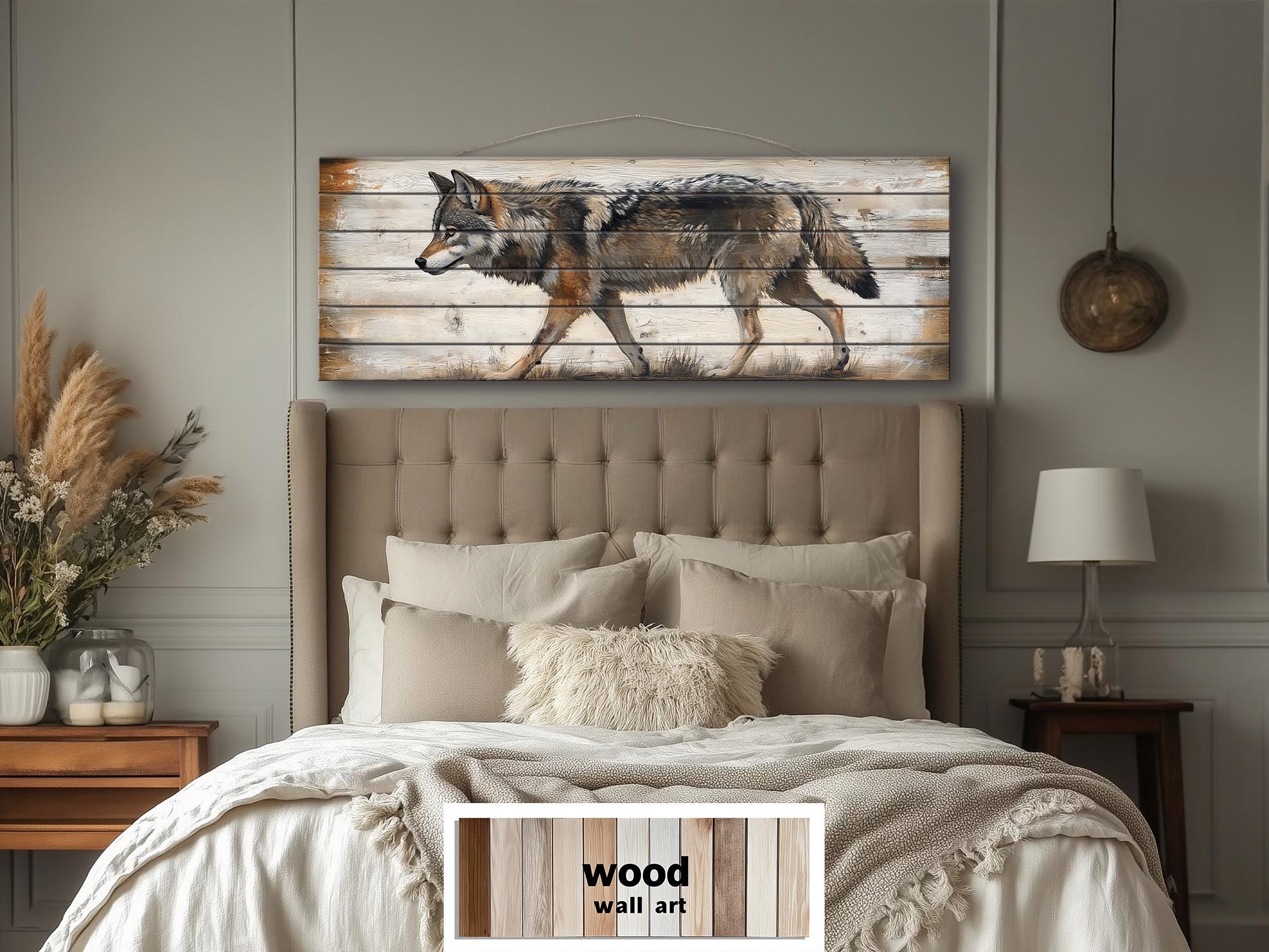 Wolf Long Horizontal Real Wood Wall Art For Cabin Decor