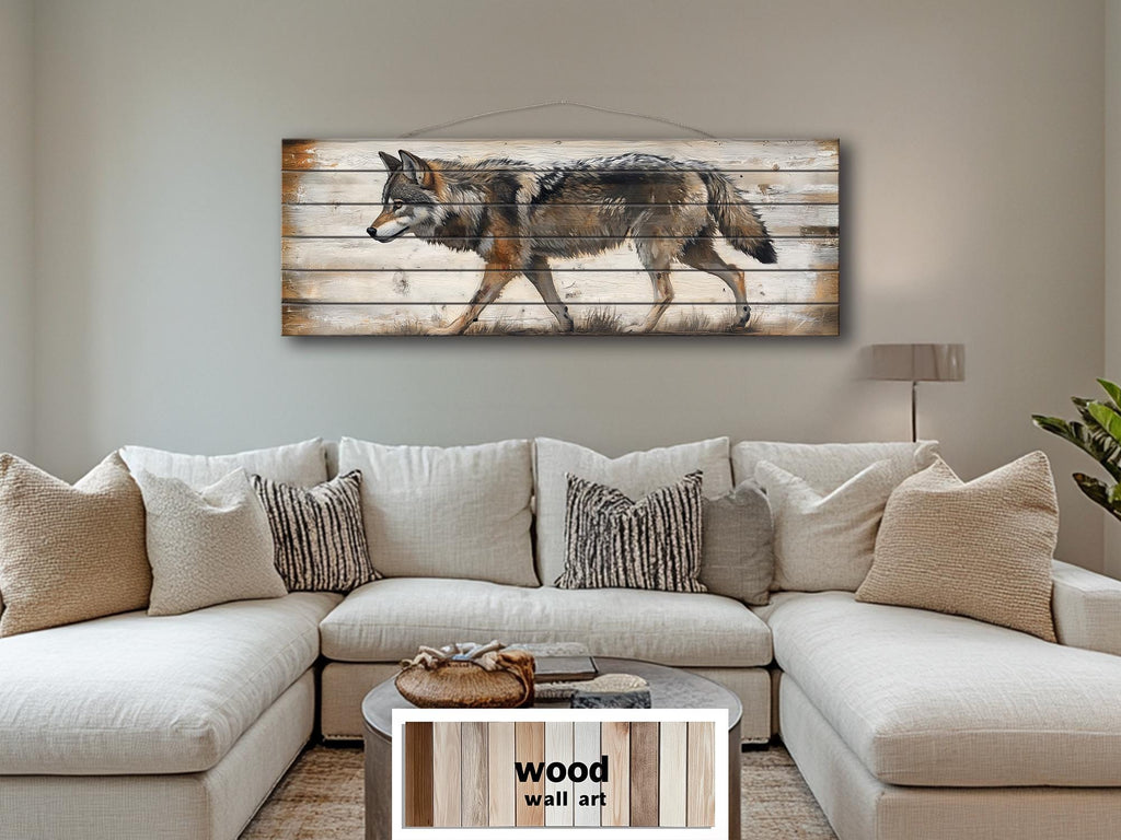 Wolf Long Horizontal Real Wood Wall Art For Cabin Decor