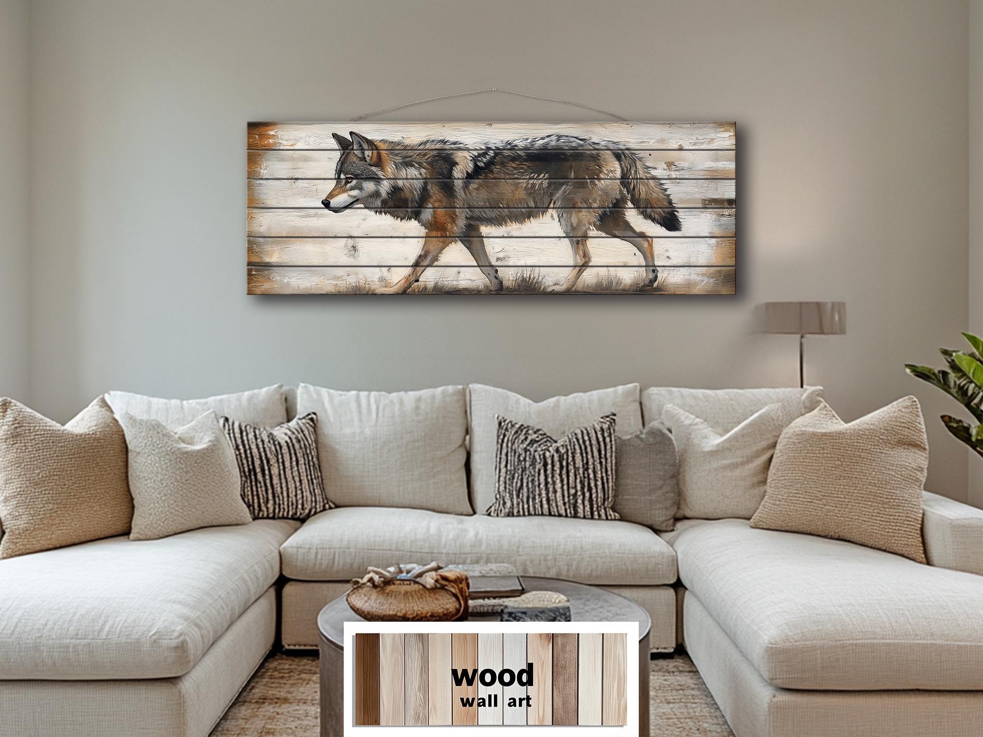 Wolf Long Horizontal Real Wood Wall Art For Cabin Decor
