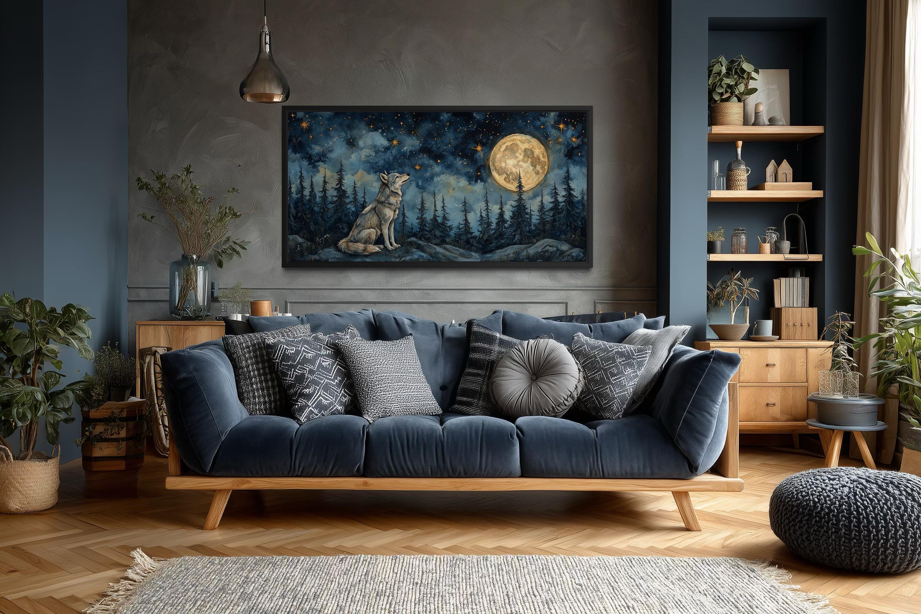 Wolf Wall Art Canvas – Wolf Under Full Moon Night Forest Artwork | Rustic Cabin Decor