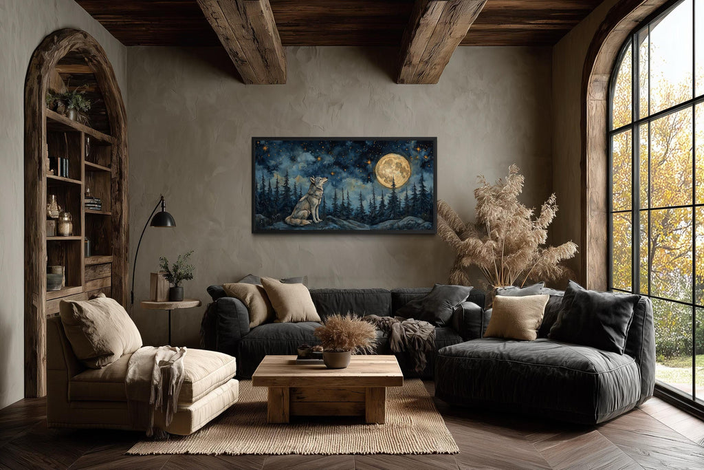 Wolf Wall Art Canvas – Wolf Under Full Moon Night Forest Artwork | Rustic Cabin Decor