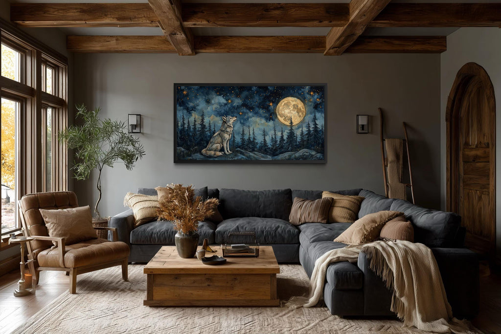 Wolf Wall Art Canvas – Wolf Under Full Moon Night Forest Artwork | Rustic Cabin Decor