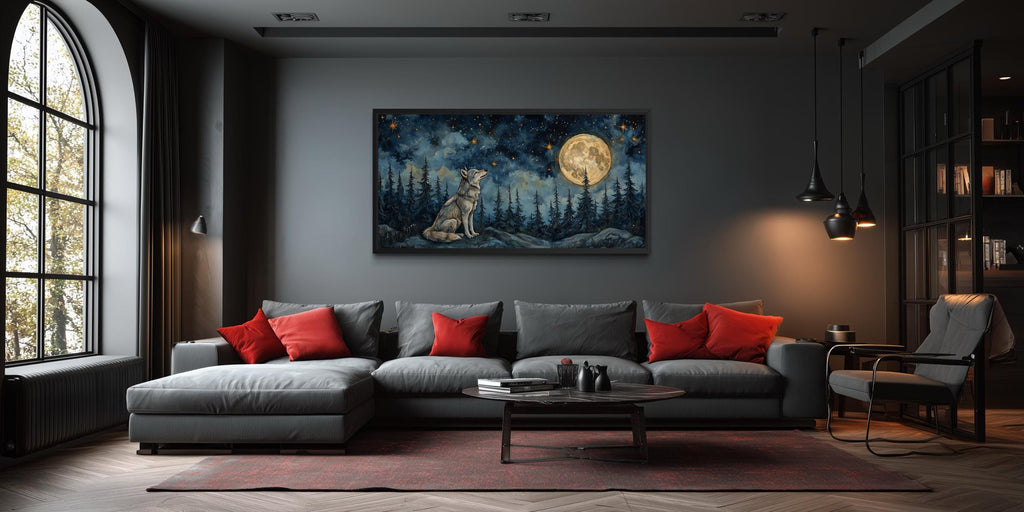 Wolf Wall Art Canvas – Wolf Under Full Moon Night Forest Artwork | Rustic Cabin Decor