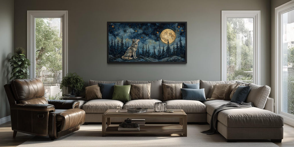 Wolf Wall Art Canvas – Wolf Under Full Moon Night Forest Artwork | Rustic Cabin Decor