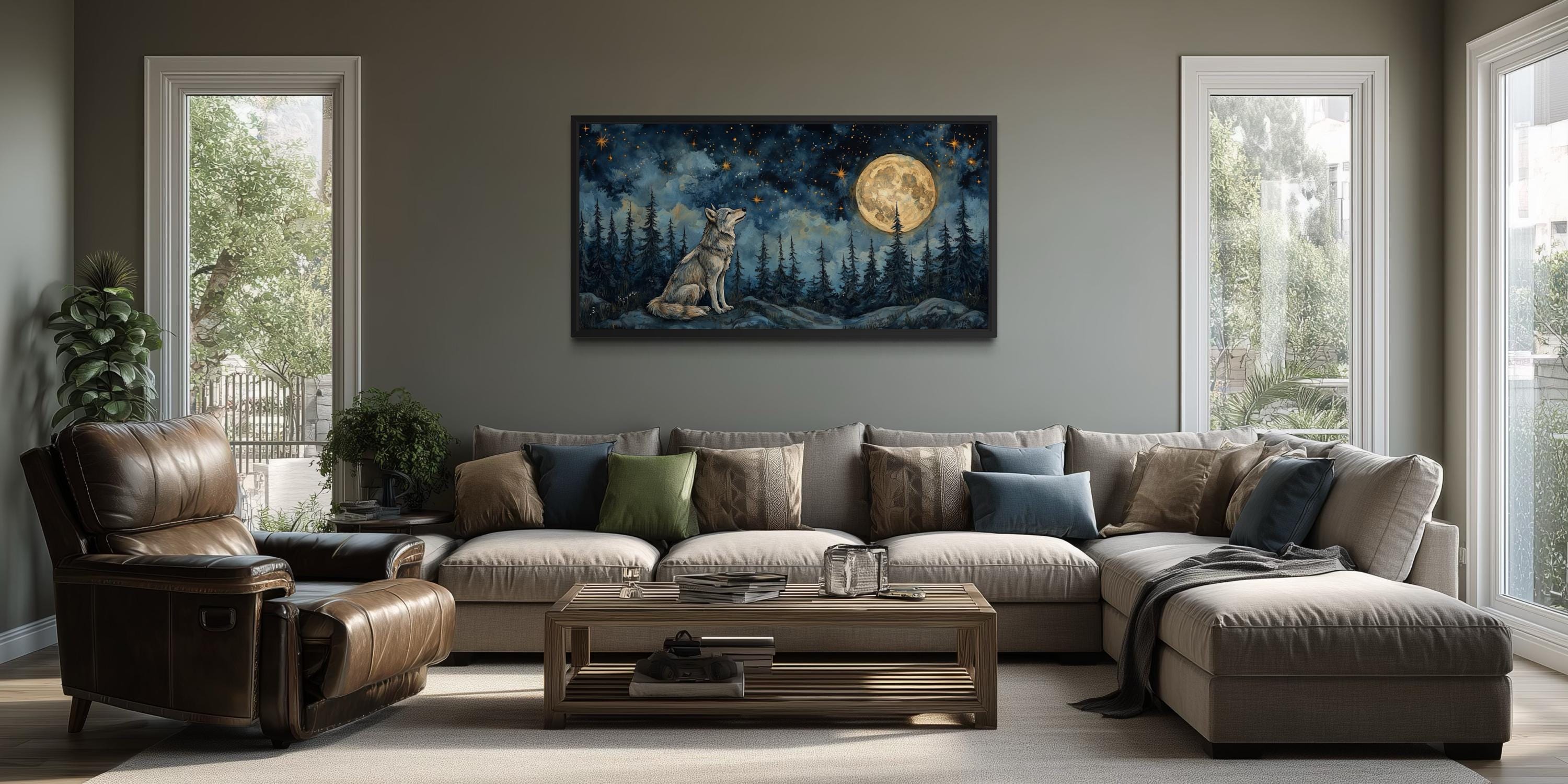 Wolf Wall Art Canvas – Wolf Under Full Moon Night Forest Artwork | Rustic Cabin Decor