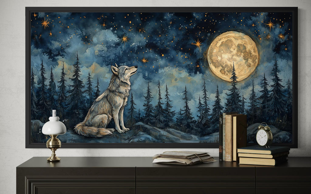 Wolf Wall Art Canvas – Wolf Under Full Moon Night Forest Artwork | Rustic Cabin Decor