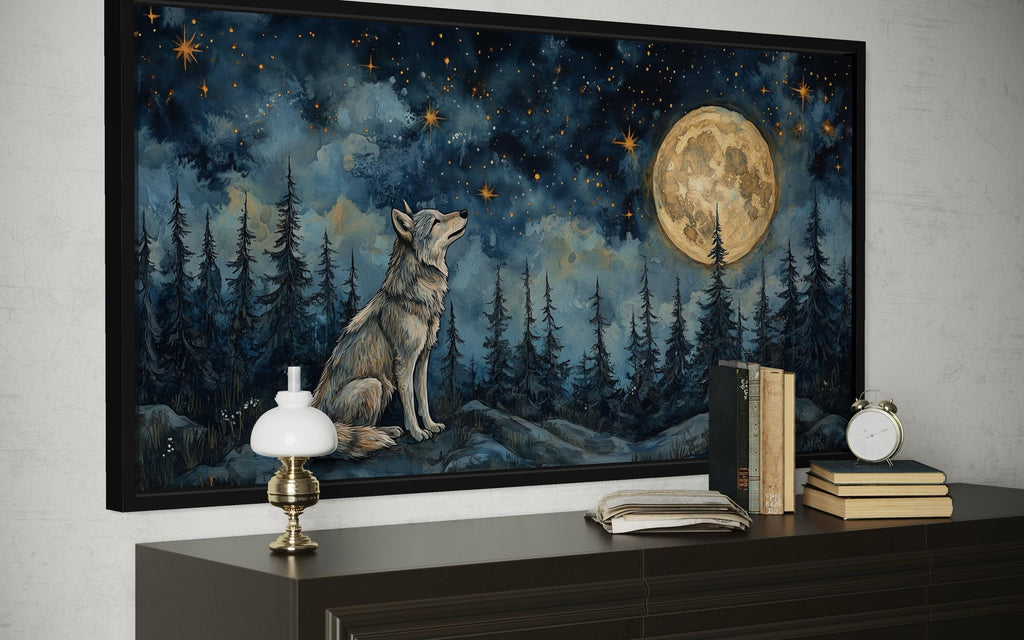 Wolf Wall Art Canvas – Wolf Under Full Moon Night Forest Artwork | Rustic Cabin Decor