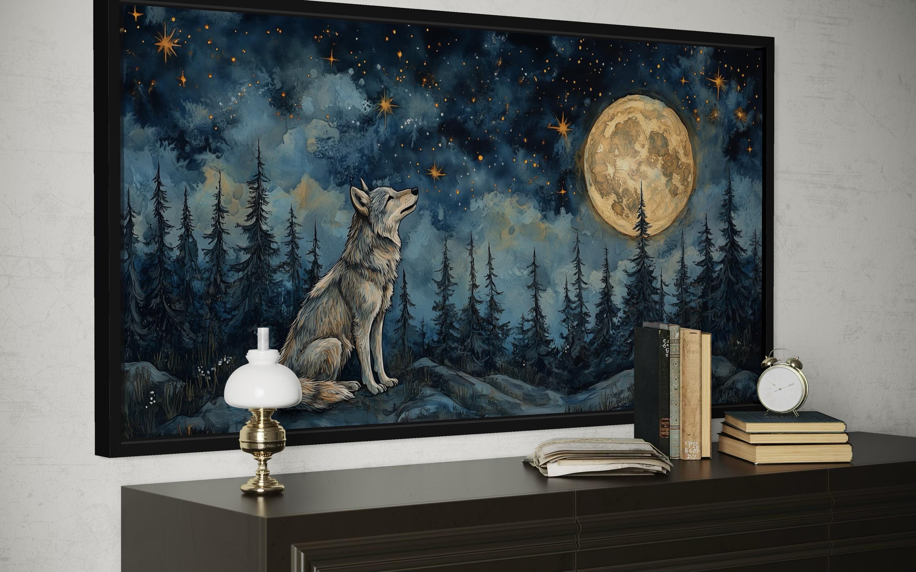 Wolf Wall Art Canvas – Wolf Under Full Moon Night Forest Artwork | Rustic Cabin Decor