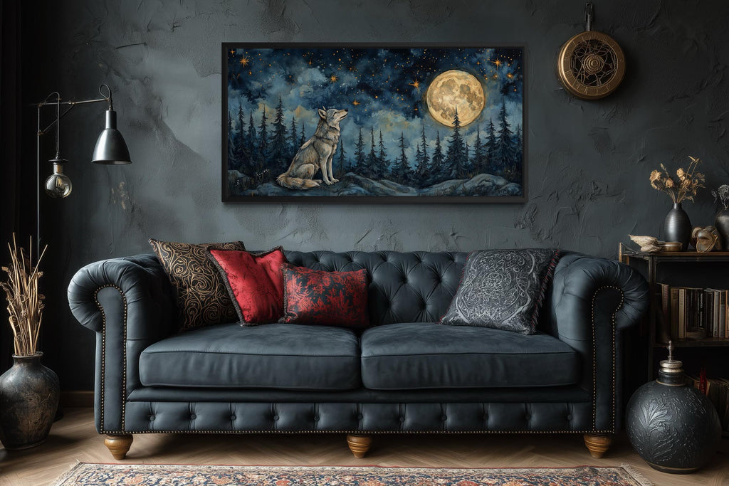 Wolf Wall Art Canvas – Wolf Under Full Moon Night Forest Artwork | Rustic Cabin Decor