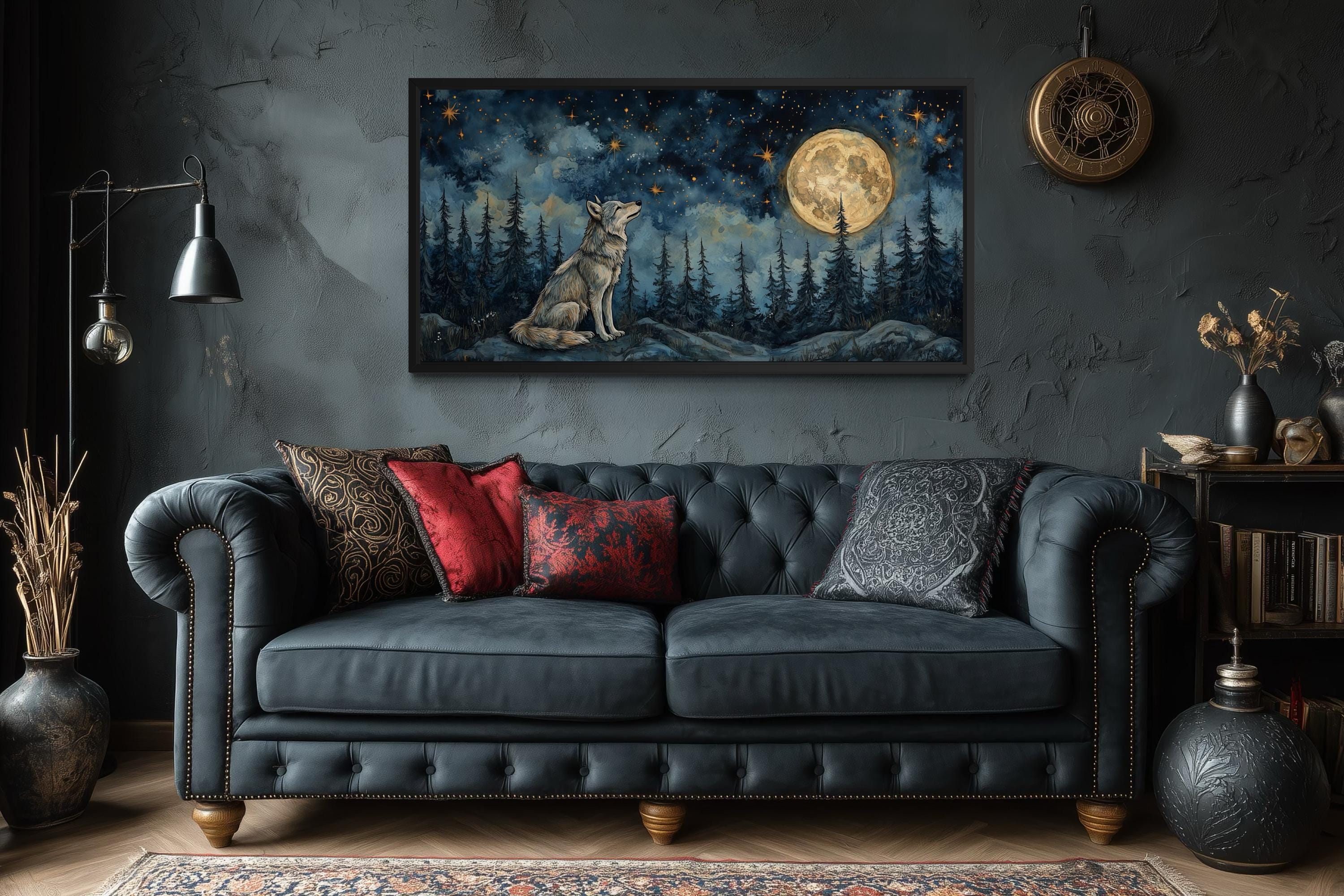 Wolf Wall Art Canvas – Wolf Under Full Moon Night Forest Artwork | Rustic Cabin Decor