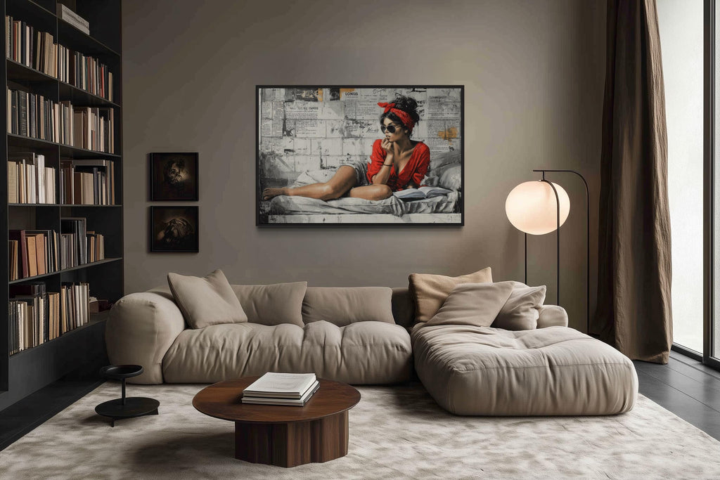 Woman Reading On Bed – Graffiti Wall Art Urban Lounge Decor, Modern Street Art Style Canvas