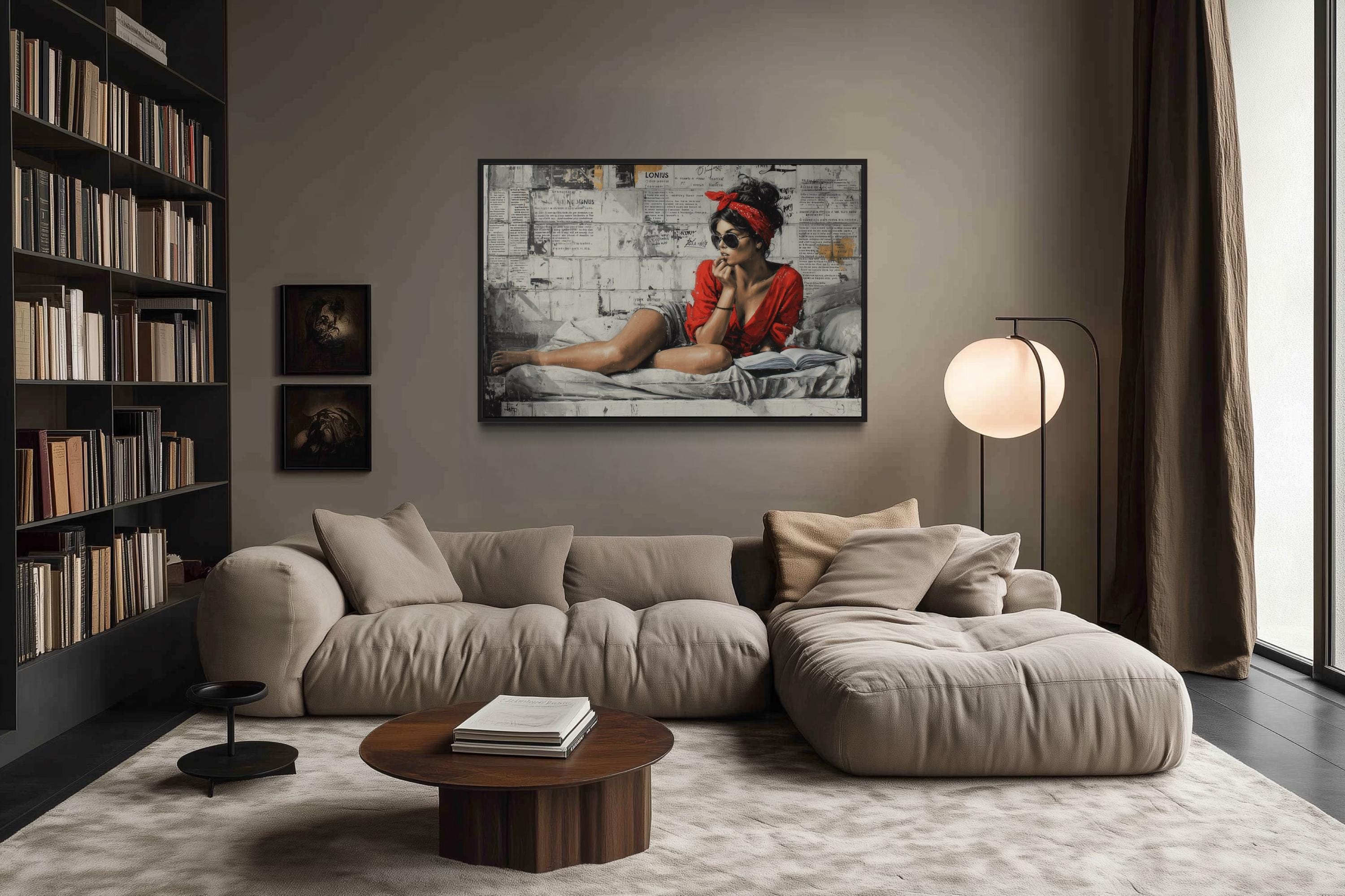 Woman Reading On Bed – Graffiti Wall Art Urban Lounge Decor, Modern Street Art Style Canvas