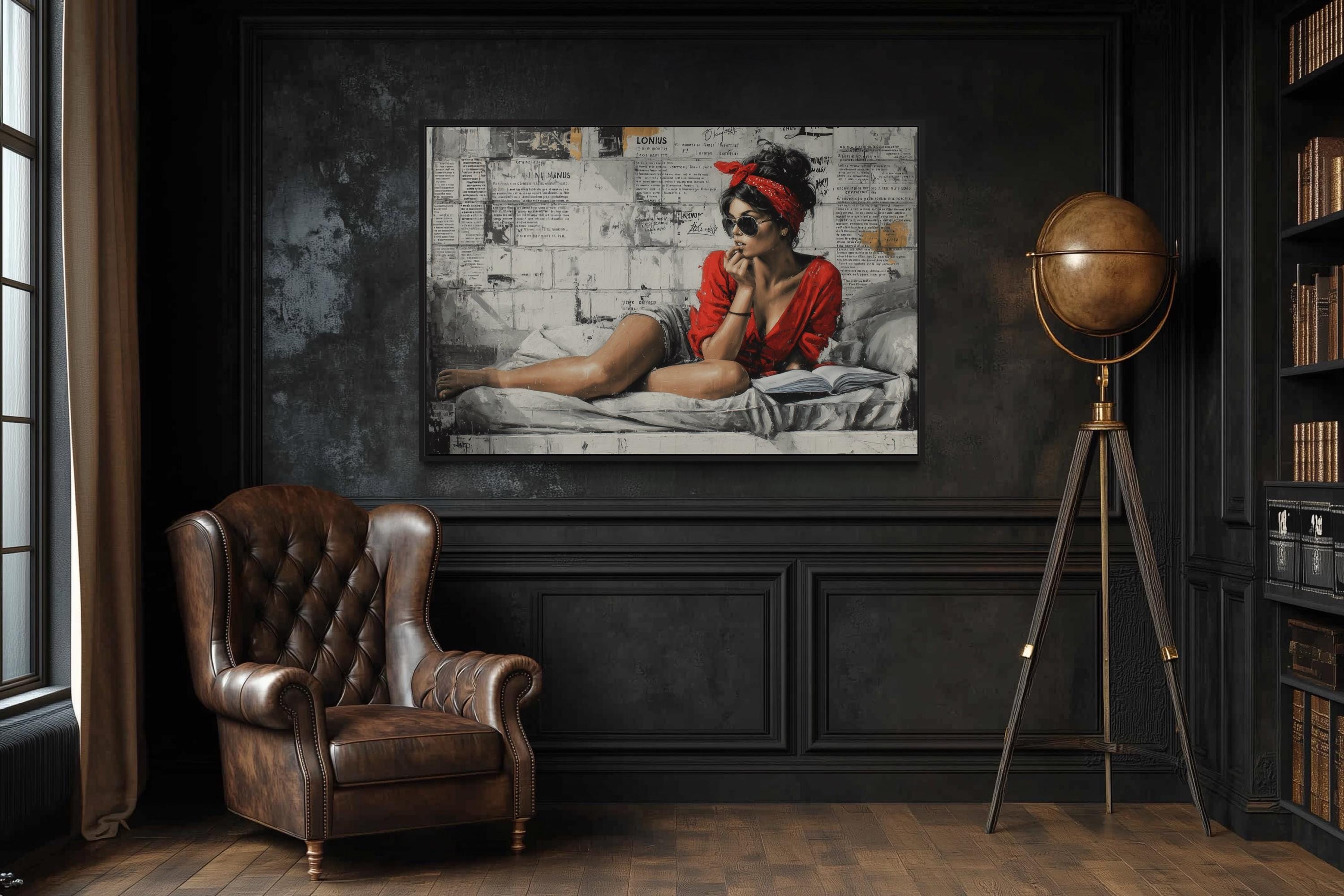 Woman Reading On Bed – Graffiti Wall Art Urban Lounge Decor, Modern Street Art Style Canvas