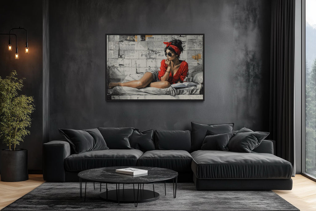 Woman Reading On Bed – Graffiti Wall Art Urban Lounge Decor, Modern Street Art Style Canvas