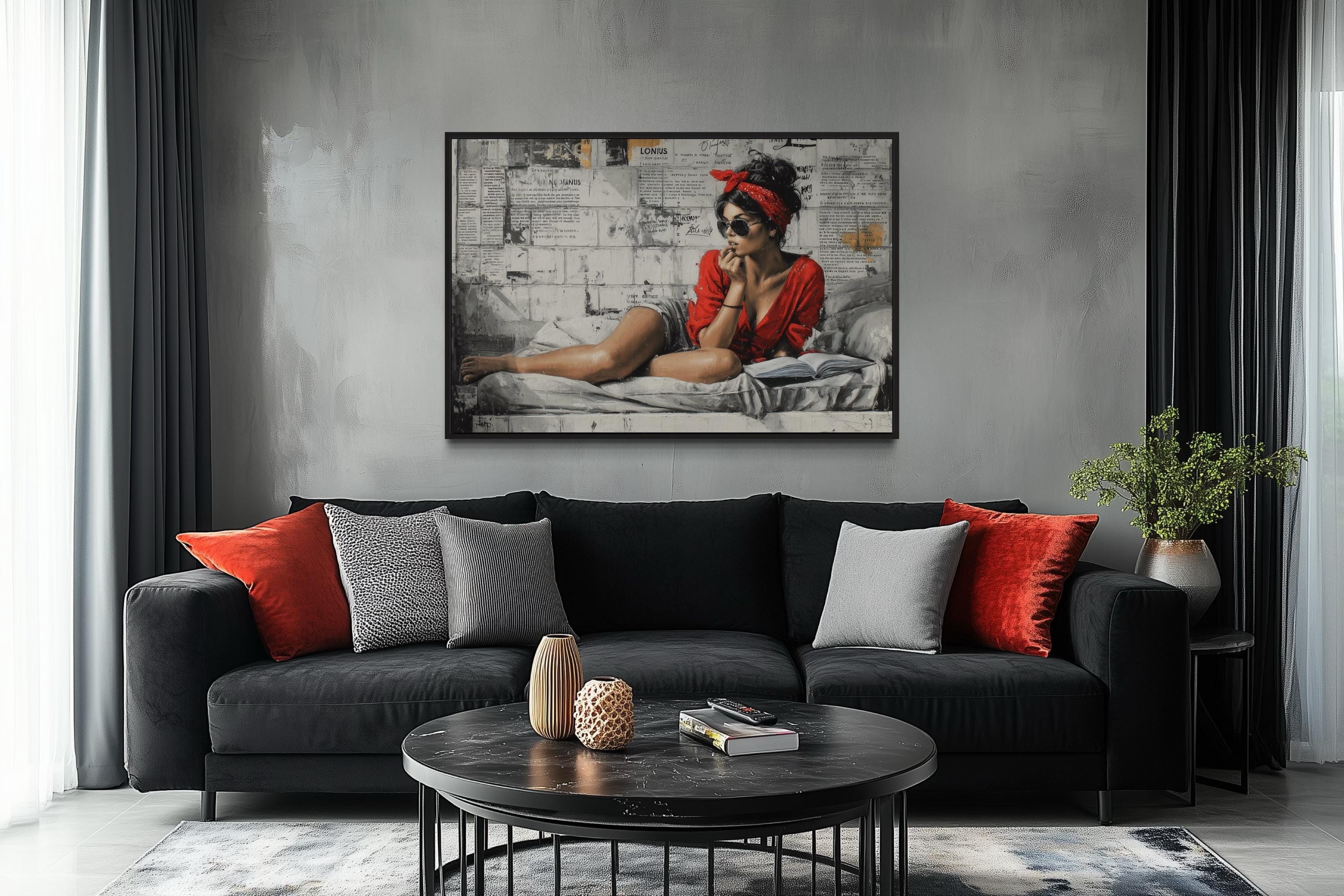 Woman Reading On Bed – Graffiti Wall Art Urban Lounge Decor, Modern Street Art Style Canvas