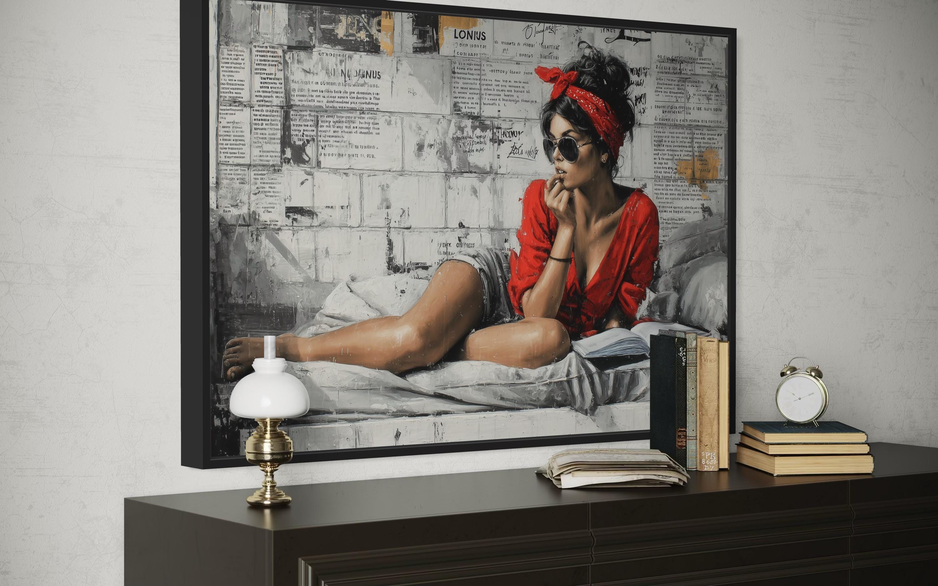 Woman Reading On Bed – Graffiti Wall Art Urban Lounge Decor, Modern Street Art Style Canvas