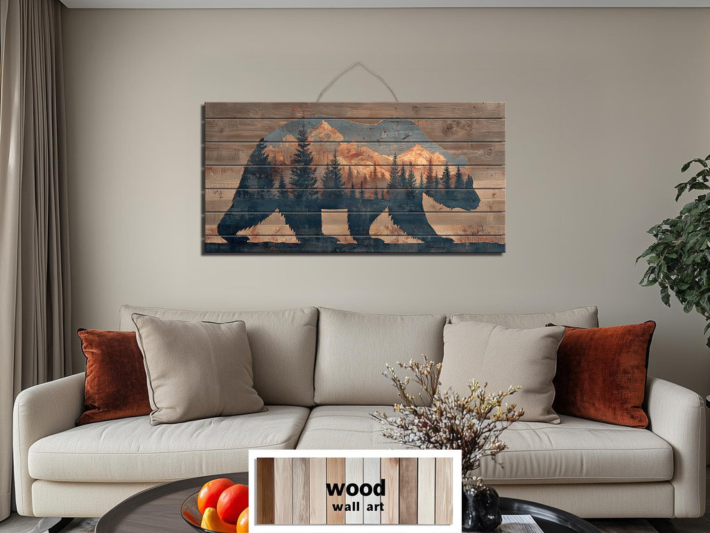 Wooden Bear Silhouette With Mountains And Forest Distressed Wood Wall Art For Cabin Decor