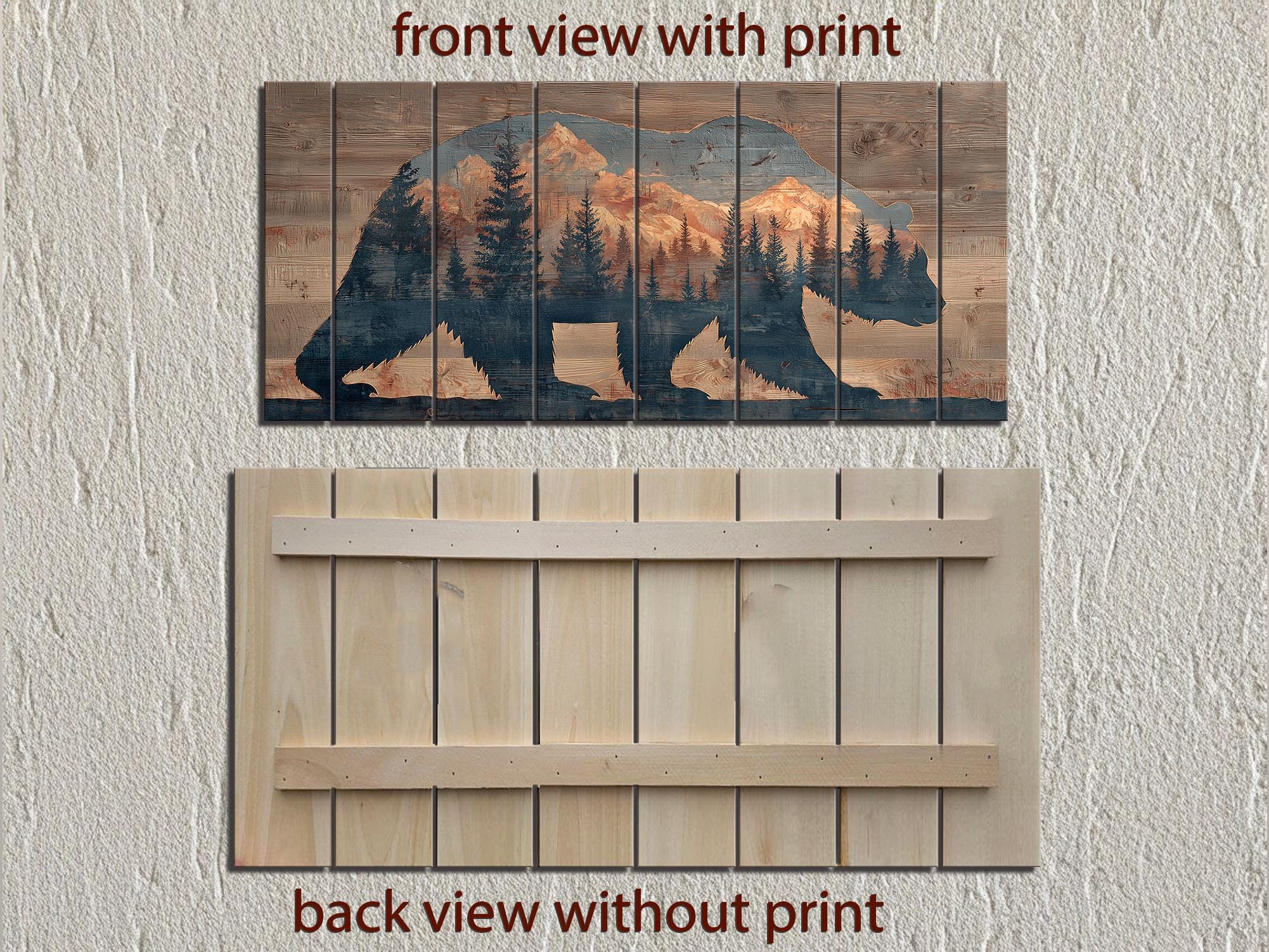 Wooden Bear Silhouette With Mountains And Forest Distressed Wood Wall Art For Cabin Decor