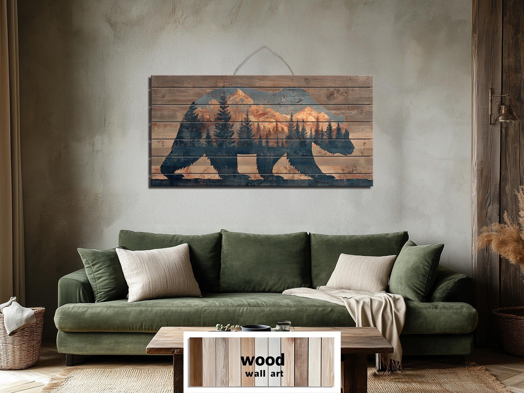 Wooden Bear Silhouette With Mountains And Forest Distressed Wood Wall Art For Cabin Decor