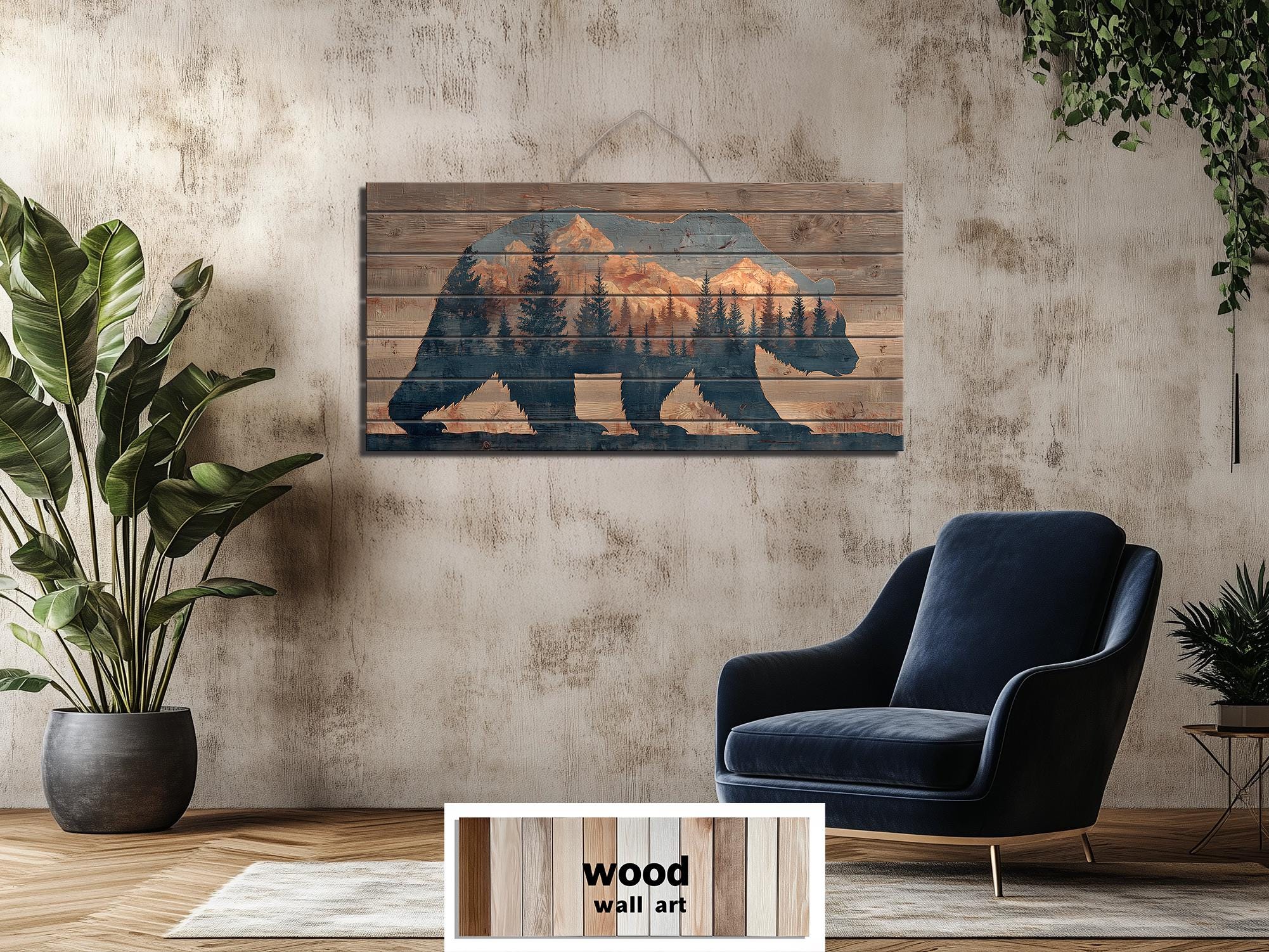 Wooden Bear Silhouette With Mountains And Forest Distressed Wood Wall Art For Cabin Decor