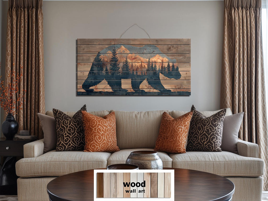 Wooden Bear Silhouette With Mountains And Forest Distressed Wood Wall Art For Cabin Decor