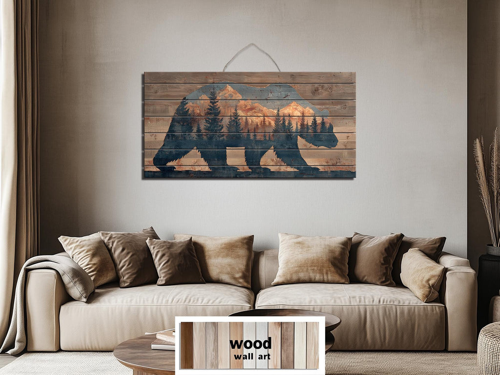 Wooden Bear Silhouette With Mountains And Forest Distressed Wood Wall Art For Cabin Decor