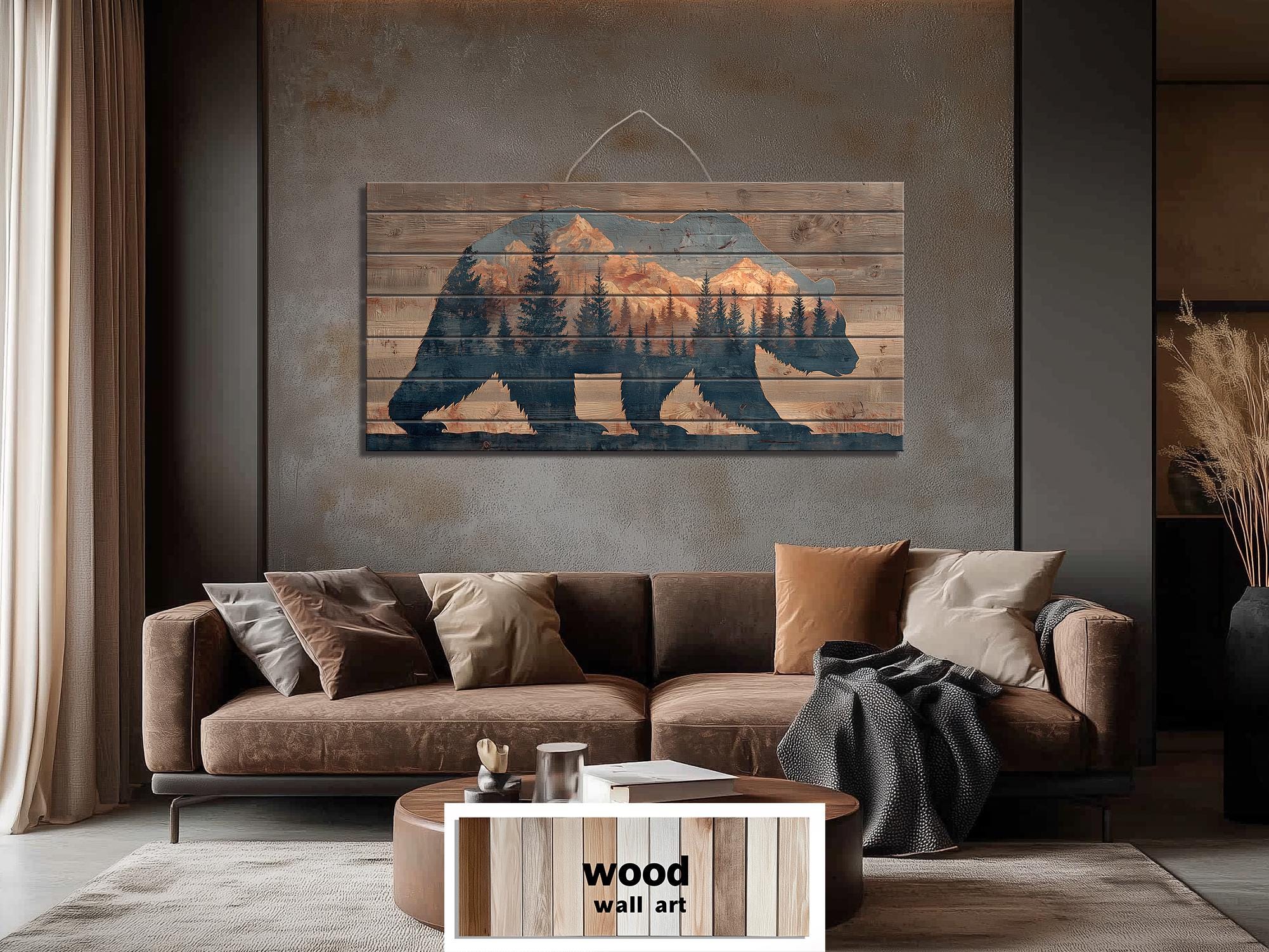 Wooden Bear Silhouette With Mountains And Forest Distressed Wood Wall Art For Cabin Decor