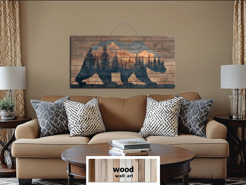 Wooden Bear Silhouette With Mountains And Forest Distressed Wood Wall Art For Cabin Decor