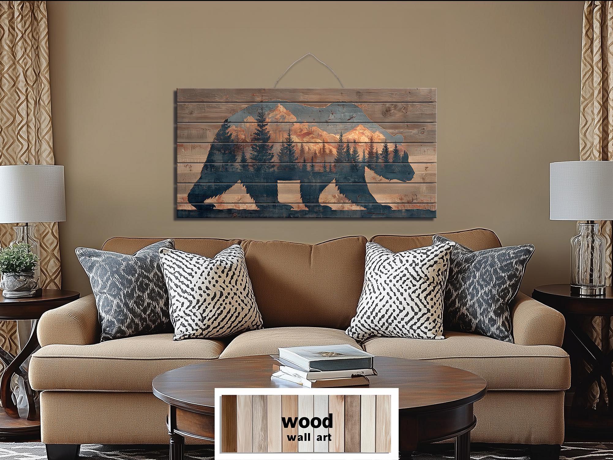Wooden Bear Silhouette With Mountains And Forest Distressed Wood Wall Art For Cabin Decor