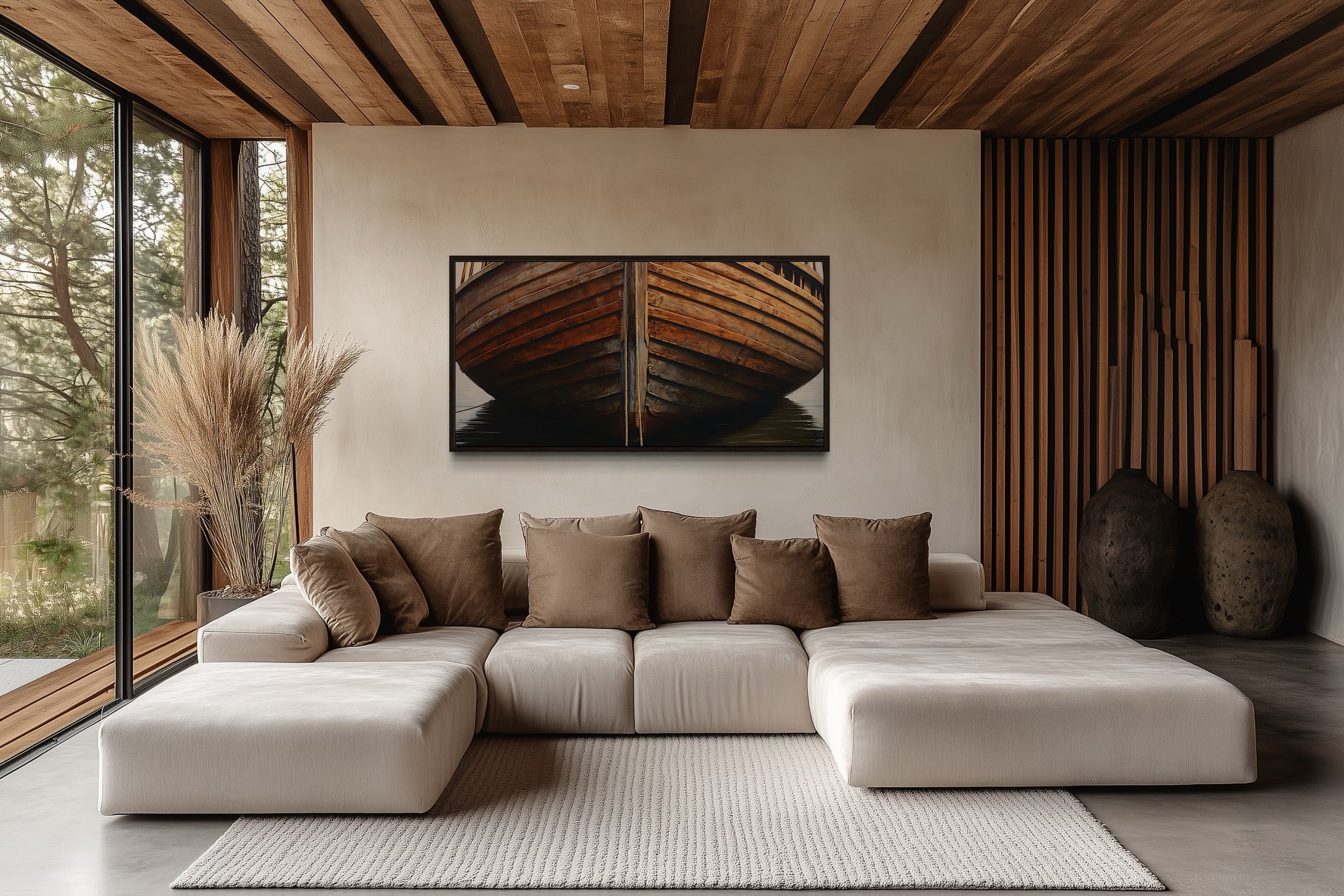 Wooden Boat Wall Art – Rustic Cabin Decor | Framed Canvas Print for Lake House