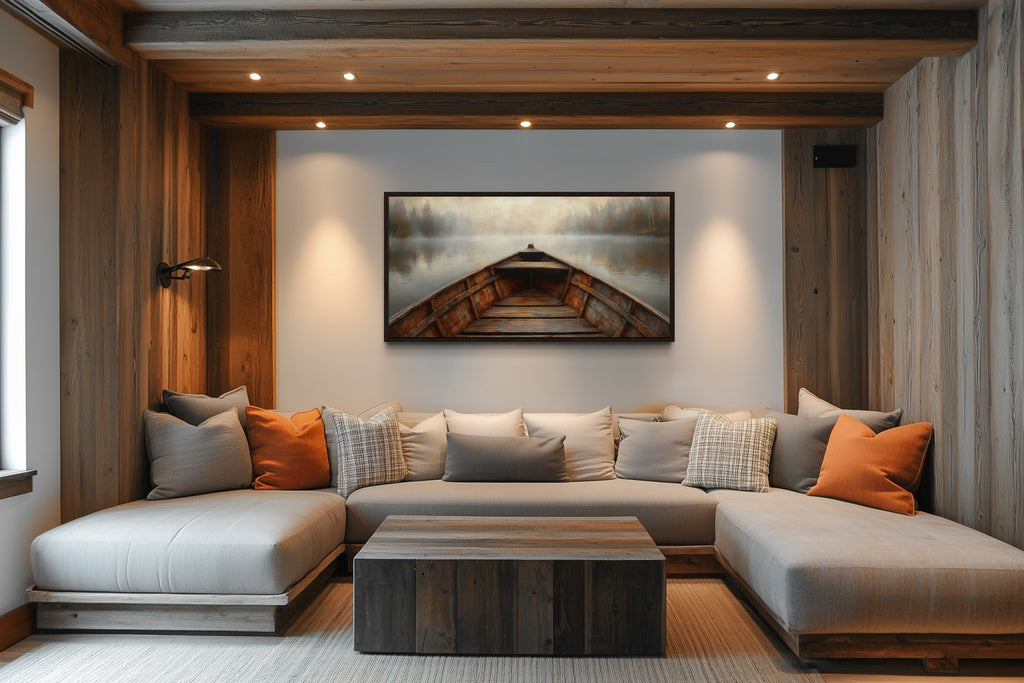 Wooden Boat Wall Art – Rustic Cabin Decor | Framed Lake Canvas Print