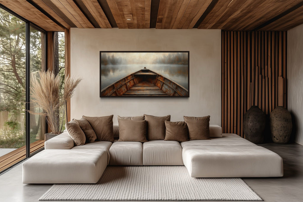 Wooden Boat Wall Art – Rustic Cabin Decor | Framed Lake Canvas Print
