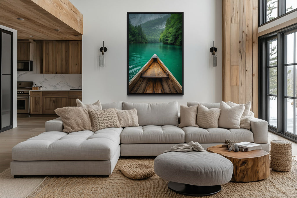 Wooden Canoe In Emerald Green Lake Vertical Framed Canvas Wall Art